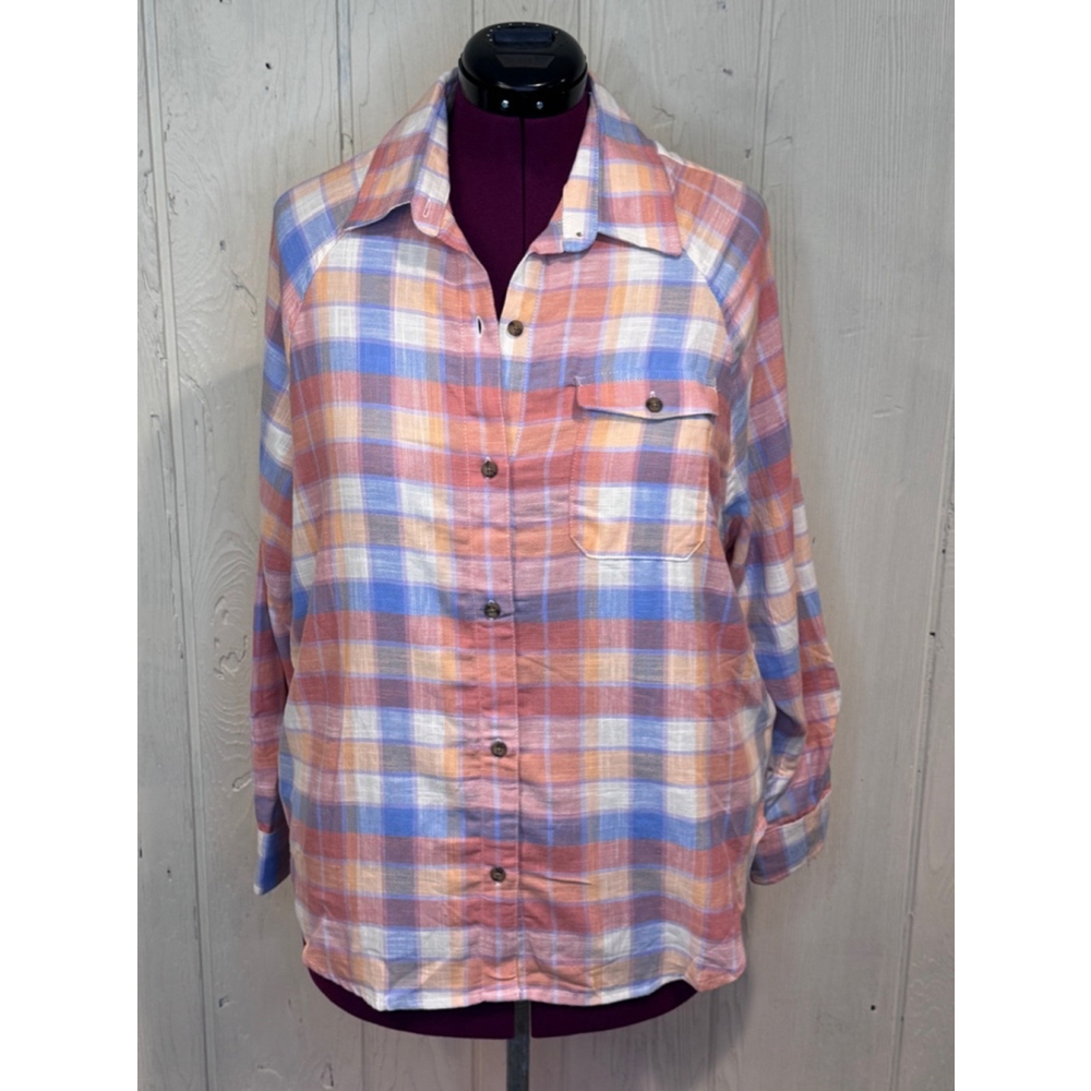 Women's Billabong Plaid Shirt M Orange Blue